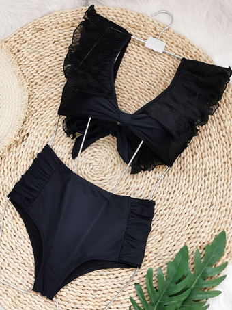 Bikinis mit Rüschen oben und breiter Seitenhose einfarbig