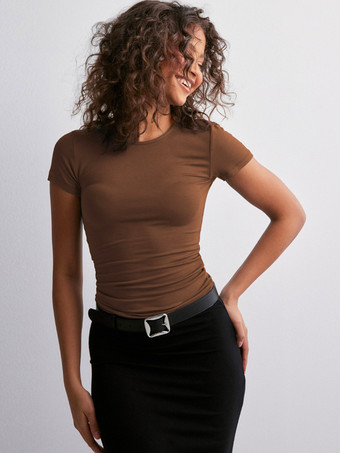 ブラウン 半袖Tシャツ 無地 ラウンドネック 重ね着トップス レディース