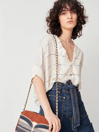 エクリュホワイトシャツ プランジネックライン 半袖 カジュアル リゾート サマートップス