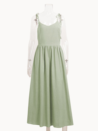 グリーン ボヘミアンドレス Vネック ノースリーブ バックレス カジュアル サマービーチドレス