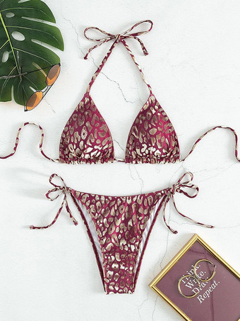 プリントビキニ ホルター トライアングル 調節可能 タイサイドボトム 2点セット