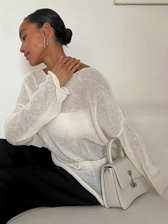 プレーンクロシェTシャツ ボートネック 長袖 中空オーバーサイズ セクシートップス