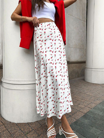 スカート ホワイト ポリエステル ウエスト高め シック 花柄 春 ロング レディース ボトムス