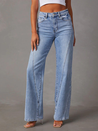 pantalones vaqueros de pierna ancha botones de patchwork de cintura alta pantalones casuales de mujer