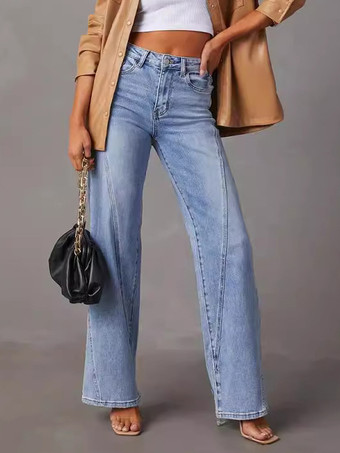 Azul celeste claropantalones vaqueros de pierna ancha botones de patchwork de cintura alta pantalones casuales de mujer