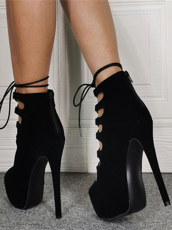 ブラック ハイヒール サンダル ブーツ スエード カットアウト レースアップ スティレット ヒール サンダル