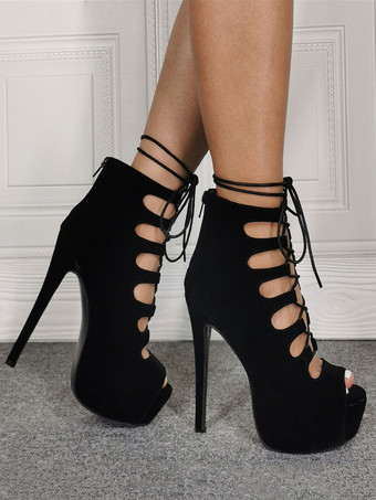 ブラック ハイヒール サンダル ブーツ スエード カットアウト レースアップ スティレット ヒール サンダル