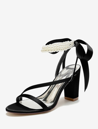 ブラック ウェディングシューズ サテンホワイトリボン オープントゥウェディングサンダル