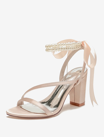 シャンパンカラーウェディングシューズ サテンホワイトリボン オープントゥウェディングサンダル