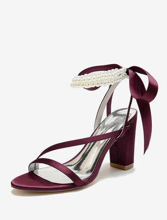 ワインレッド ウェディングシューズ サテンホワイトリボン オープントゥウェディングサンダル