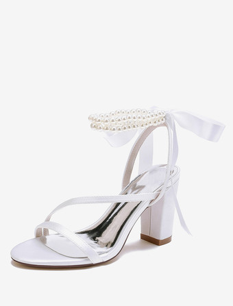 ホワイト ウェディングシューズ サテンホワイトリボン オープントゥウェディングサンダル