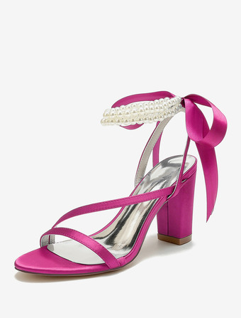 ローズレッドウェディングシューズ サテンホワイトリボン オープントゥウェディングサンダル