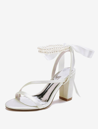 アイボリー ウェディングシューズ サテンホワイトリボン オープントゥウェディングサンダル