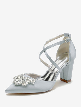 シルバー ウェディングシューズ ブライダル パンプス サテン ポインテッドトゥ ラインストーン