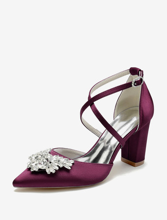 ワインレッド ウェディングシューズ ブライダル パンプス サテン ポインテッドトゥ ラインストーン