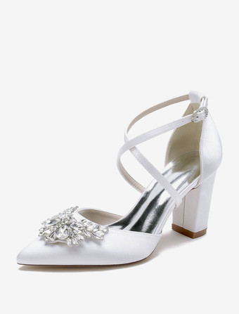 ホワイト ウェディングシューズ ブライダル パンプス サテン ポインテッドトゥ ラインストーン