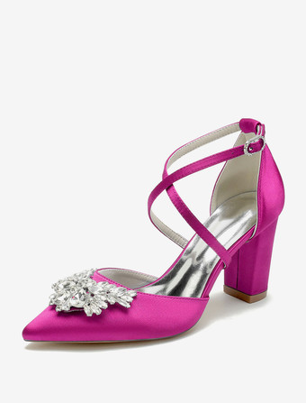 ローズレッドウェディングシューズ ブライダル パンプス サテン ポインテッドトゥ ラインストーン