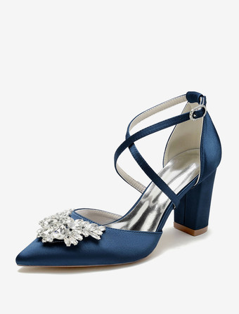 ディープブルーウェディングシューズ ブライダル パンプス サテン ポインテッドトゥ ラインストーン