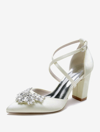 アイボリー ウェディングシューズ ブライダル パンプス サテン ポインテッドトゥ ラインストーン