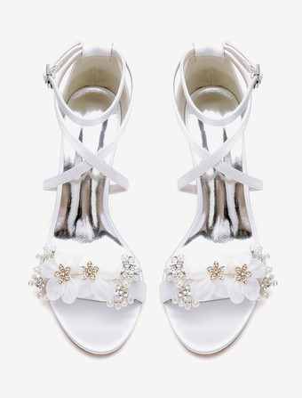 ウェディングシューズ サテン ホワイトフラワー オープントゥ ウェディング サンダル