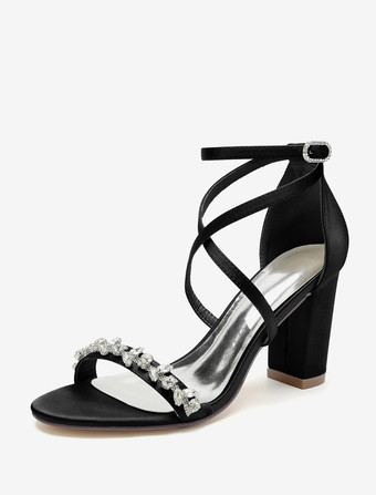 ブラック ブライダル サンダル ホワイト サテン セクシー オープントゥ ラインストーン ウェディング サンダル