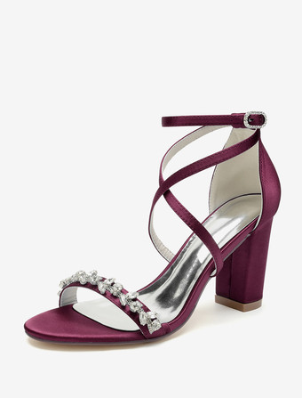 ワインレッド ブライダル サンダル ホワイト サテン セクシー オープントゥ ラインストーン ウェディング サンダル