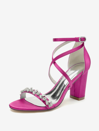 ローズレッドブライダル サンダル ホワイト サテン セクシー オープントゥ ラインストーン ウェディング サンダル