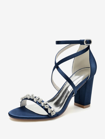 ディープブルーブライダル サンダル ホワイト サテン セクシー オープントゥ ラインストーン ウェディング サンダル