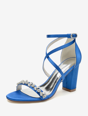 ロイヤルブルーブライダル サンダル ホワイト サテン セクシー オープントゥ ラインストーン ウェディング サンダル