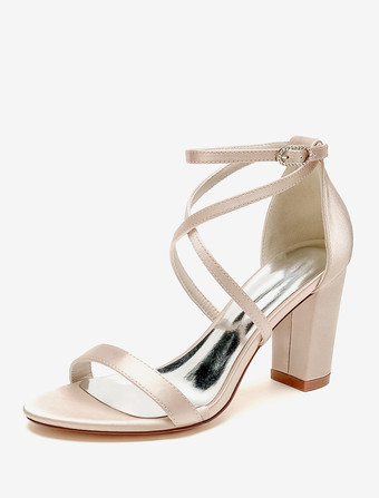 シャンパンカラーウェディングシューズ サテンホワイトオープントゥウェディングサンダル