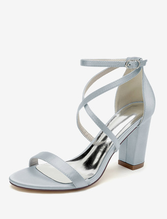 シルバー ウェディングシューズ サテンホワイトオープントゥウェディングサンダル