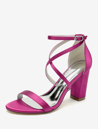 ローズレッドウェディングシューズ サテンホワイトオープントゥウェディングサンダル