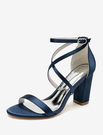 ディープブルーウェディングシューズ サテンホワイトオープントゥウェディングサンダル