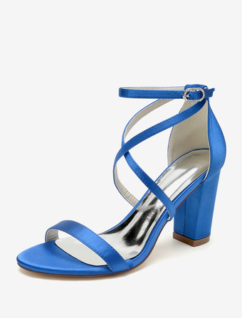 ロイヤルブルーウェディングシューズ サテンホワイトオープントゥウェディングサンダル