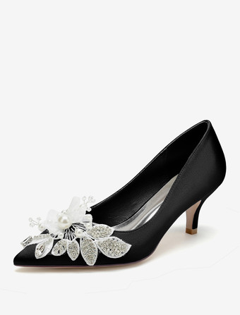 ブラック ウェディングシューズ ブライダル パンプス サテン ポインテッドトゥ