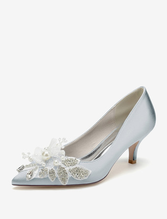 シルバー ウェディングシューズ ブライダル パンプス サテン ポインテッドトゥ