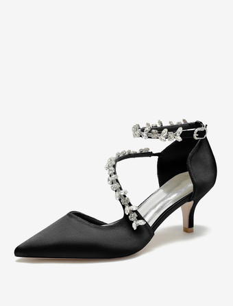 ブラック ウェディングシューズ ブライダル パンプス サテン ポインテッドトゥ