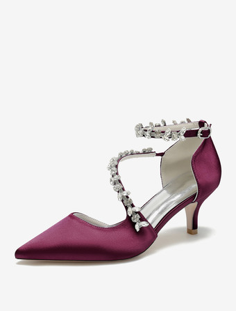 ワインレッド ウェディングシューズ ブライダル パンプス サテン ポインテッドトゥ