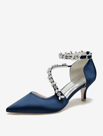 ディープブルーウェディングシューズ ブライダル パンプス サテン ポインテッドトゥ