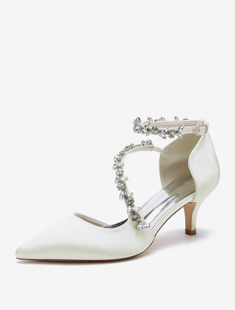 アイボリー ウェディングシューズ ブライダル パンプス サテン ポインテッドトゥ