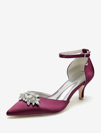 ワインレッド ウェディングシューズ ブライダル パンプス サテン ポインテッドトゥ ラインストーン