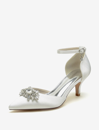 アイボリー ウェディングシューズ ブライダル パンプス サテン ポインテッドトゥ ラインストーン