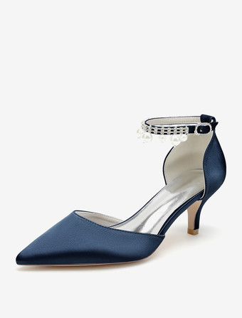 ディープブルーウェディングシューズ ブライダル パンプス サテン ポインテッドトゥ