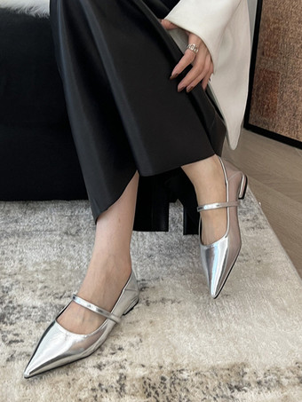 シルバー ブラック レディース バレエ フラット ポインテッドトゥ メリー ジェーン フラット パンプス