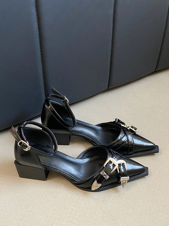 ホワイト Wome's フラット ポインテッドトゥ ラインストーン バックル ディテール アンクル ストラップ パンプス