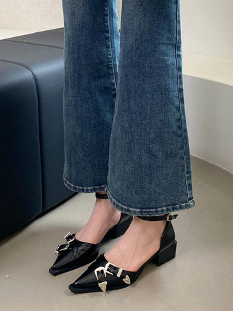 ブラック ホワイト Wome's フラット ポインテッドトゥ ラインストーン バックル ディテール アンクル ストラップ パンプス