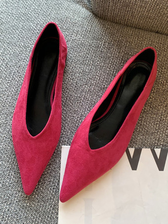 ローズレッドレディース ポインテッドトゥ フラット スエード スリッポン バレエ フラット シューズ