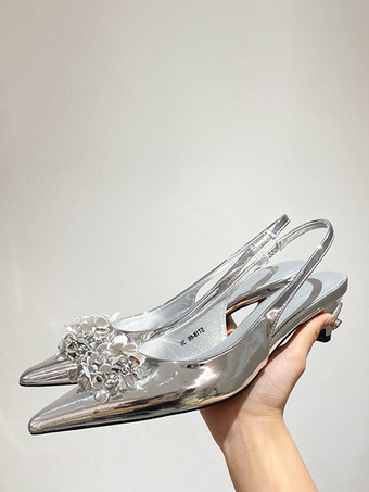 シルバー レディース ミッドローヒール キトゥンヒール PU レザー パンプス