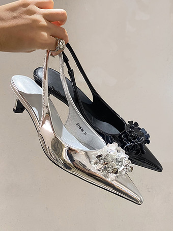 レディース ミッドローヒール キトゥンヒール PU レザー パンプス