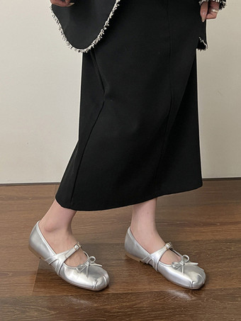 レディース ブラック バレエ フラット ラウンドトゥ ボウ バックル ディテール バレリーナ フラット